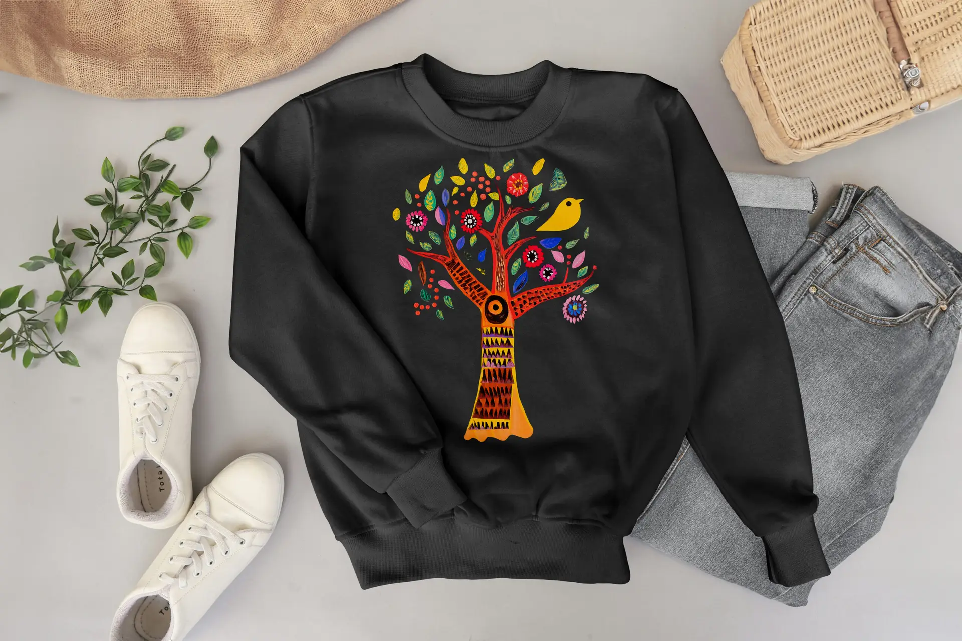 A rizzed out crewneck sweatshirt laying on a table with a pair of shoes and a branch and a pair of jeans as a mockup for a black sweatshirt with a dope folk art print of a tree and flowers on the front in the colors red, orange, yellow and green.
